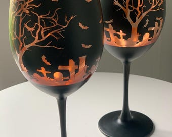 Set of 2 All Hallows Eve Black Stem Wine Glasses w/etched Spooky Haunted Graveyard Scene | Orange Foil Interior- Etched Glass Goblets
