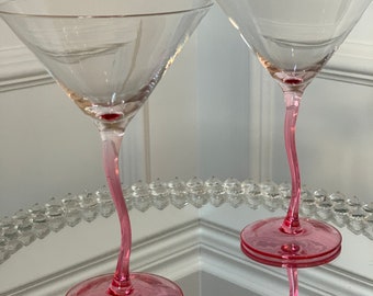 Set of 2 Wavy Stem Crystal Martini-Cocktail Glasses with Rose Blush Stem and clear crystal bowl 7.25” | Spring Summer Barware