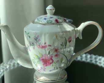 Chinoiserie Floral Bouquet Porcelain Teapot | Fine Porcelain from Grace Teaware  |  Beautiful Gift