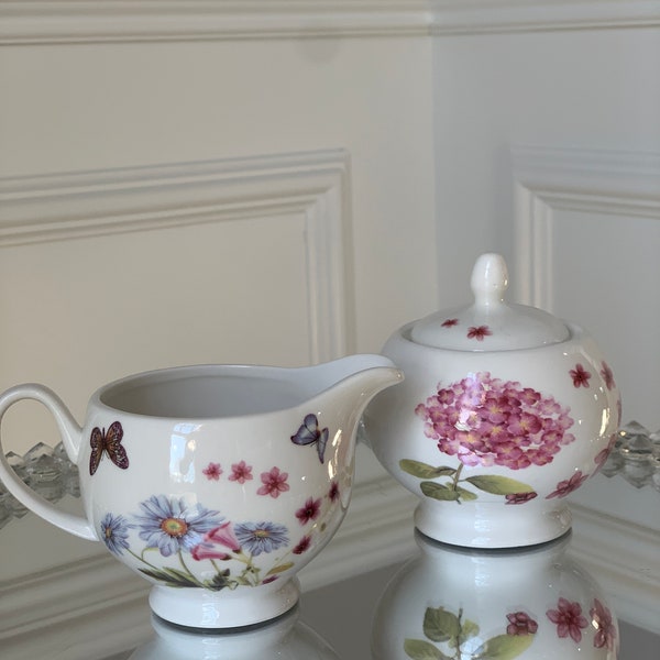 Pink Hydrangea Lidded Sugar Bowl & Cream Set | | Garden Flowers and Butterflies | Grace Fine Porcelain