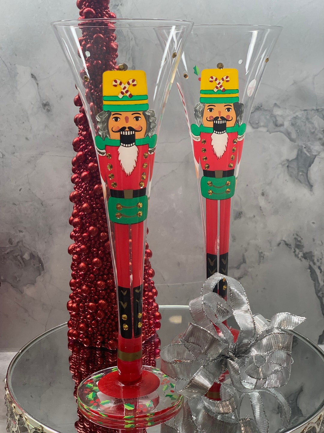 Elegant Nutcracker Champagne Flute W/decorated Holly Base and Crystal