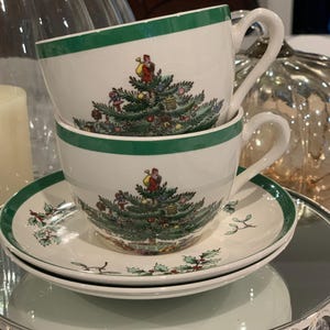 Vintage Set of 2 Spode Christmas Tree Flat Teacup & Saucer Sets | Made in England | Marked S3324 J | Excellent Condition | Replacement