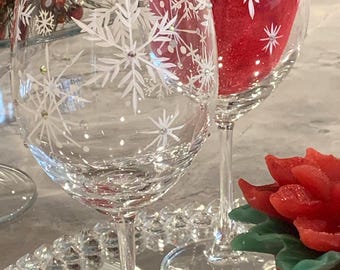 Set of 2 Snowflake Sparkle Wine Glasses w/Crystal Jewels & Gold Rim 9.5” | Hand Painted Festive Winter/Holiday Entertaining | Holiday Gift