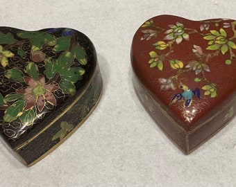 Vintage Chinese Cloisonné Floral With Bird Heart Shaped Trinket Box 2 To Choose From 3”