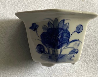 Vintage Chinese blauw-witte porseleinen plantenbak met drainagegat, diameter 5 inch