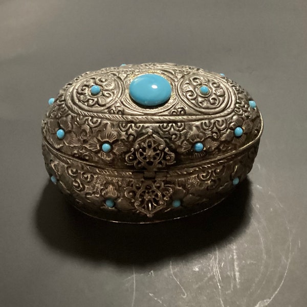 RARE Vintage Tibetan Silver Plated With Turquoise Oval Hinged Trinket Box Marked 6” X 5”