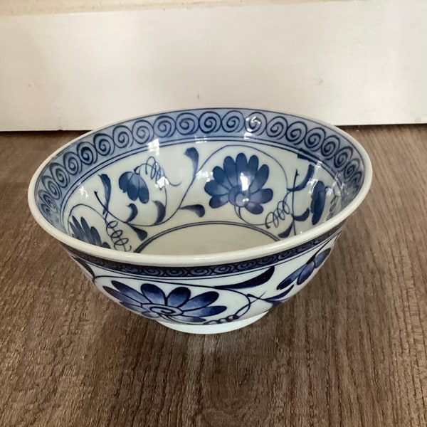 Vintage Chinese Blue And White Porcelain Rice Bowl Marked 6”