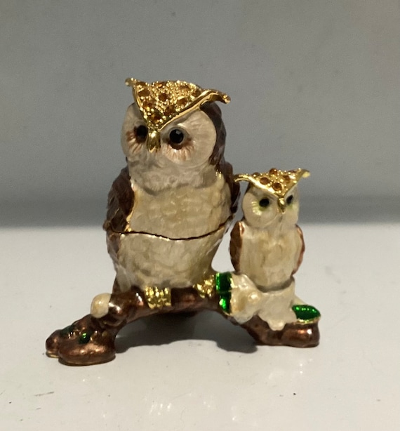 Vintage Enamel Owl With Baby Owl With Rhinestones… - image 1