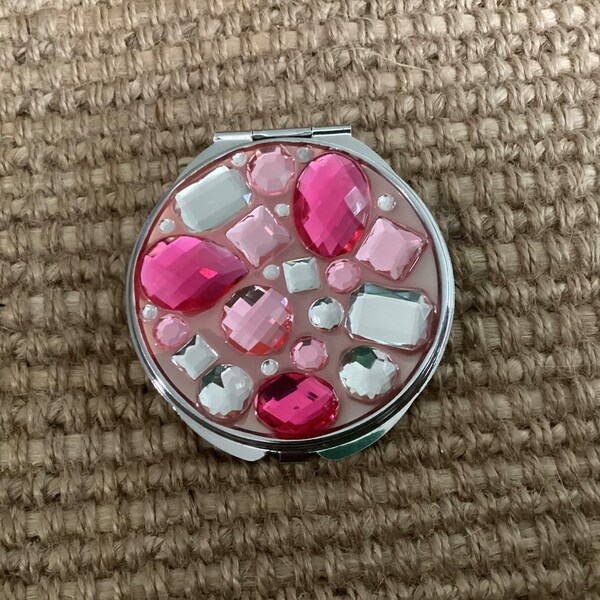 Pink Large Rhinestone And Silver Double Mirrored Compact Magnified Mirror On One Side 3”