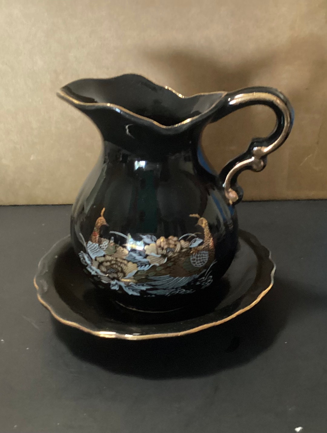 Vintage Japanese Satsuma Black and Gold Pitcher and Bowl Set of 2 7 Etsy