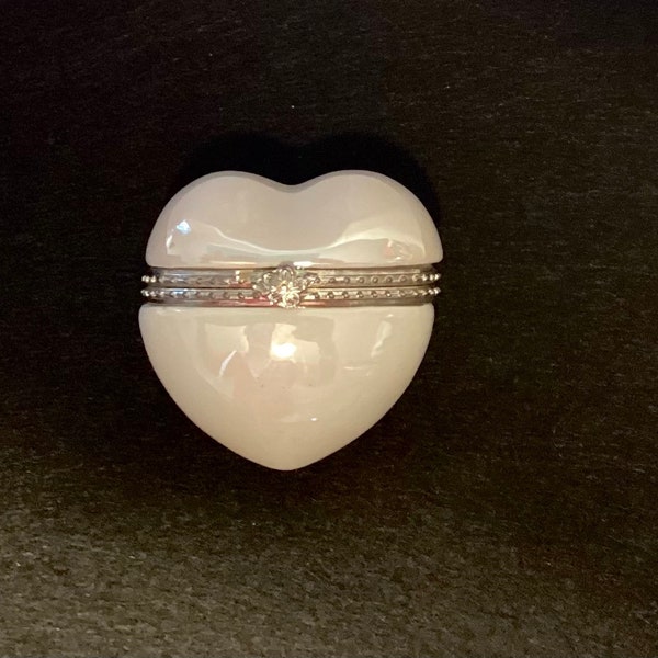 White Iridescent Heart Shaped Cherish Hinged Pill Box 1 1/2”