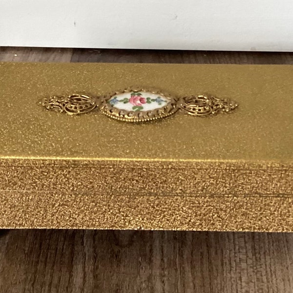 Antique Gold Ormolu With Guilloche Enamel Medallion Top Thorens Swiss Music Box Jewelry Box 8 1/4” x 4” x 3”