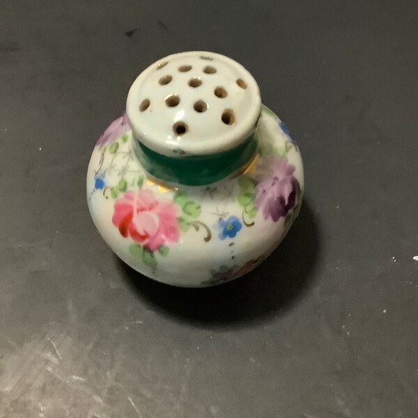 Vintage Victorian Style Hand Painted Floral Porcelain Powder Jar Shaker 3”