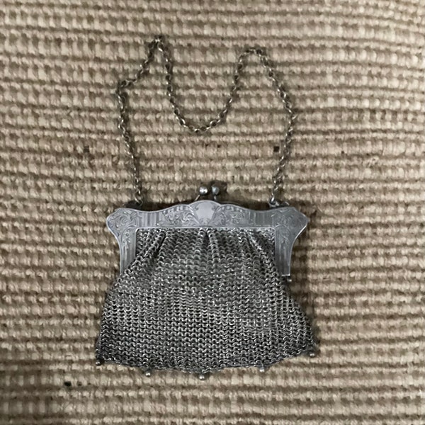 Antique German Silver Beaded Mesh Purse With Chain Handle Marked 5”