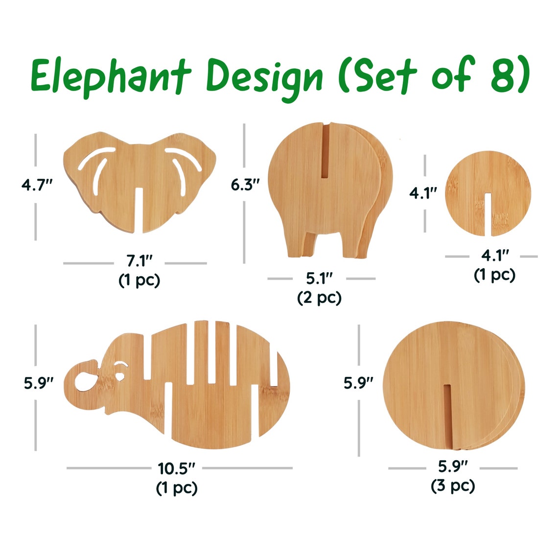 Wooden Elephant Coaster Set With Holder Set of 8 Bamboo Wood Etsy