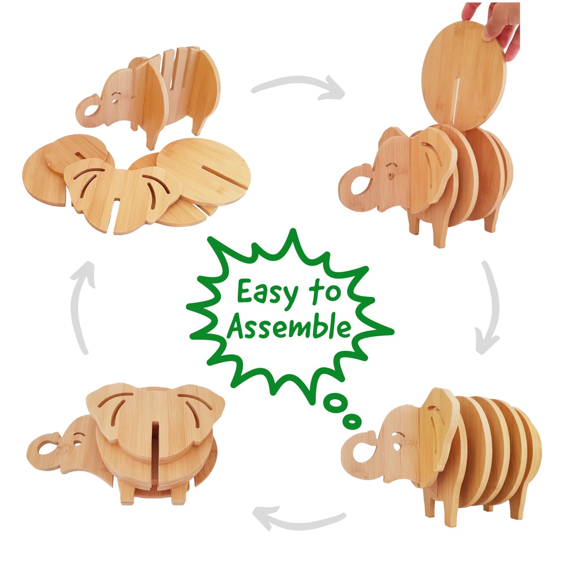 Wooden Elephant Coaster Set With Holder Set of 8 Bamboo Wood Etsy