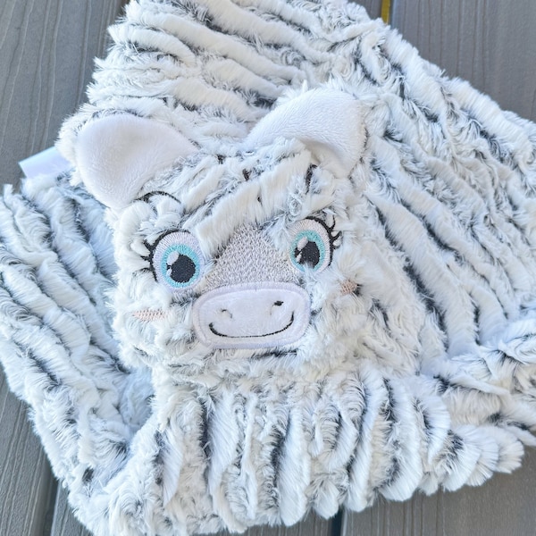 Handmade personalized zebra lovey / safari animal baby tagged comfort / crinkle tag toy / gender neutral baby shower gift / embroidered name