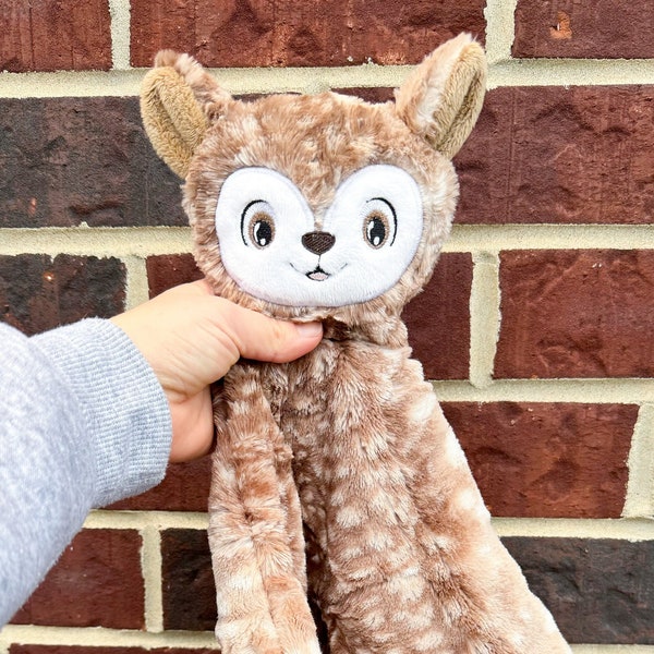 Handmade personalized deer lovey / animal baby tagged comfort / crinkle tag toy lovey / hunting baby shower gift / embroidered name / fawn