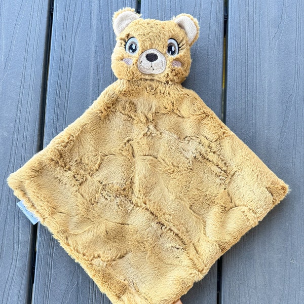 Handmade personalized teddy bear lovey / baby tagged snuggler comfort / crinkle tag toy lovey / forest animal shower gift / embroidered name