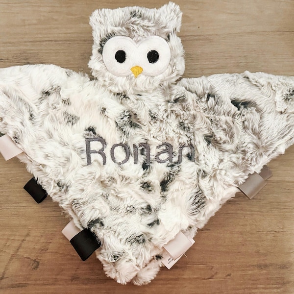Handmade personalized snowy owl lovey / bird owl baby shower gift / embroidered name / cute minky tag crinkle toy / gender neutral infant