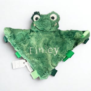 Handmade personalized frog lovey / tagged animal baby comfort item / crinkle tag toy lovie / amphibian baby shower gift / embroidered name