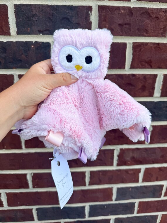 Handmade personalized snowy owl lovey bird owl baby shower gift  embroidered name cute minky tag crinkle toy pink girl infant