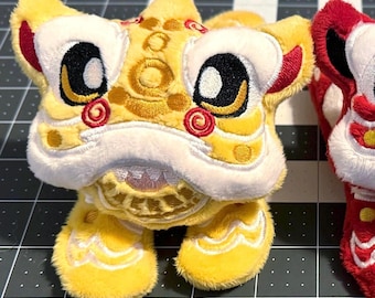 Handmade Weighted Chinese New Year Foo dog Stuffed Animal, Yellow and Red Plush Minky Stuffed , Emotional Support guardian for Desk Decor