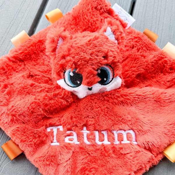 Handmade personalized fox lovey / tagged animal baby comfort item / crinkle tag toy lovie / woodland baby shower gift / embroidered name