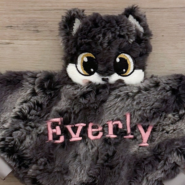 Handmade personalized wolf lovey / tagged animal baby comfort item / crinkle tag toy lovie / woodland baby shower gift / embroidered name