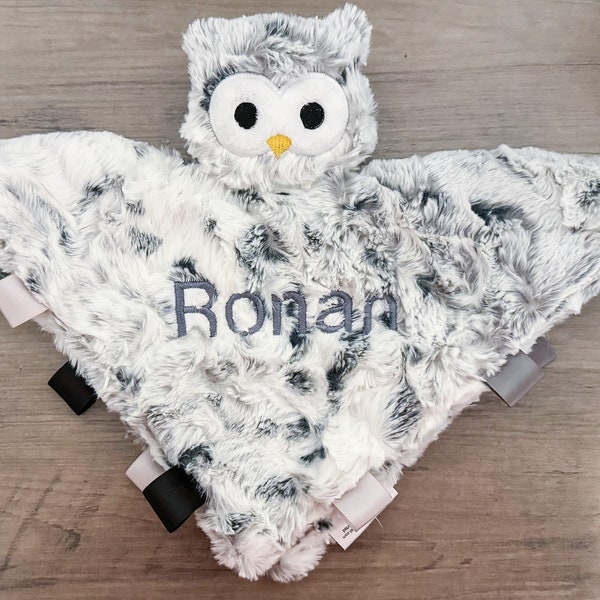 Handmade personalized snowy owl lovey / bird owl baby shower gift / embroidered name / cute minky tag crinkle toy / gender neutral infant
