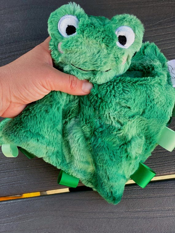 Handmade personalized frog lovey tagged animal baby comfort item  crinkle tag toy lovie amphibian baby shower gift embroidered name