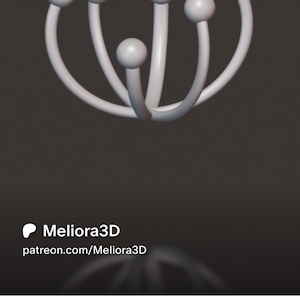 May include: A white, multi-pronged object featuring five curved arms, each topped with a spherical ball. The structure is symmetrical, with a central arm flanked by two pairs of arms of varying heights. Text reads Meliora3D patreon.com/Meliora3D.
