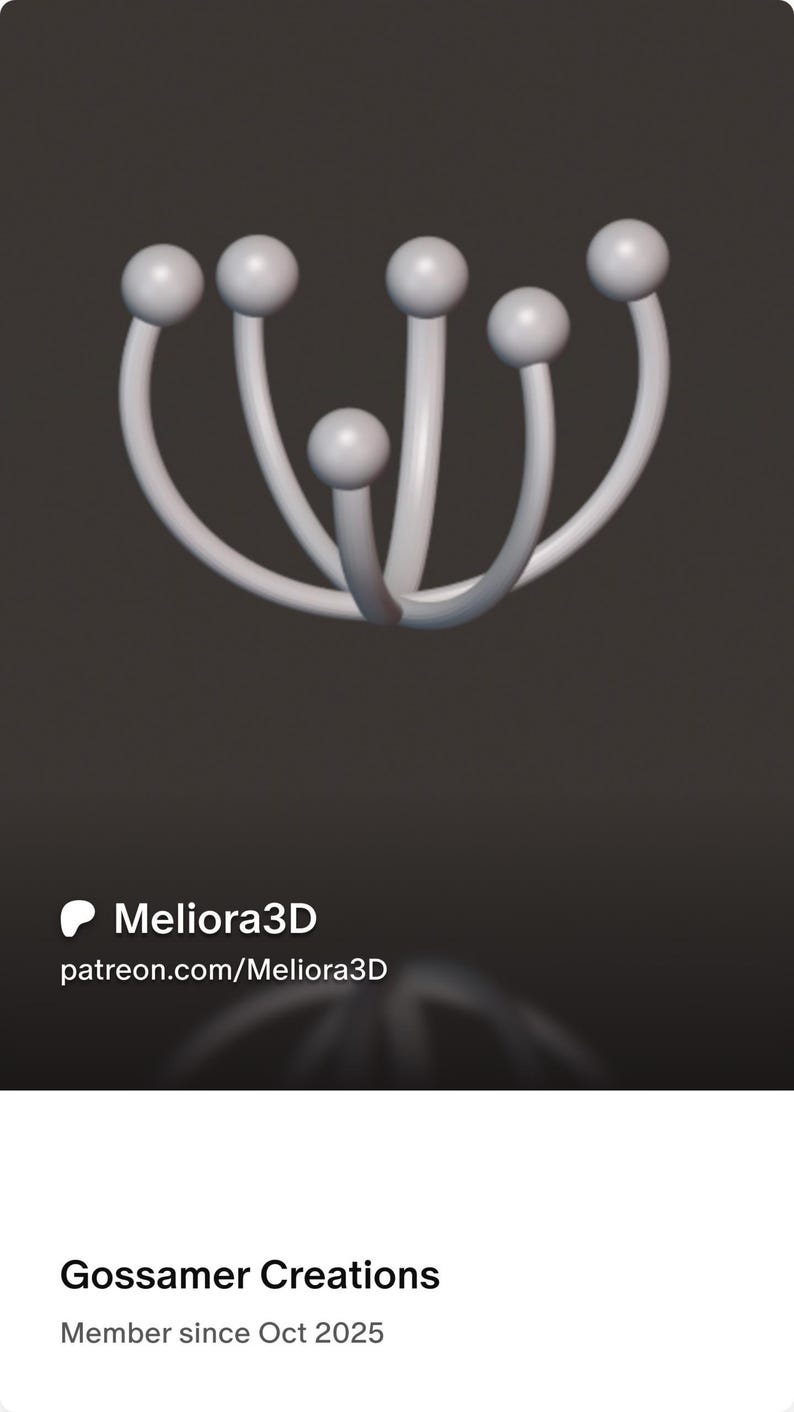May include: A white, multi-pronged object featuring five curved arms, each topped with a spherical ball. The structure is symmetrical, with a central arm flanked by two pairs of arms of varying heights. Text reads Meliora3D patreon.com/Meliora3D.