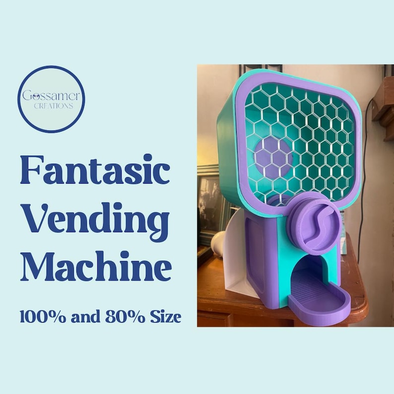 3D Printed Fantastic Vending Machine, Fun Size 80% Capsule Dispenser (1.5" Capsules) afbeelding 3