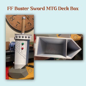 May include: A silver and gray deck box shaped like the Buster Sword from Final Fantasy. The box has a wooden handle and features red and green lights. The text "FF Buster Sword MTG Deck Box" is at the top.
