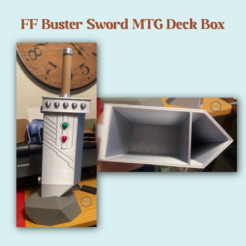 May include: A silver and gray deck box shaped like the Buster Sword from Final Fantasy. The box has a wooden handle and features red and green lights. The text "FF Buster Sword MTG Deck Box" is at the top.