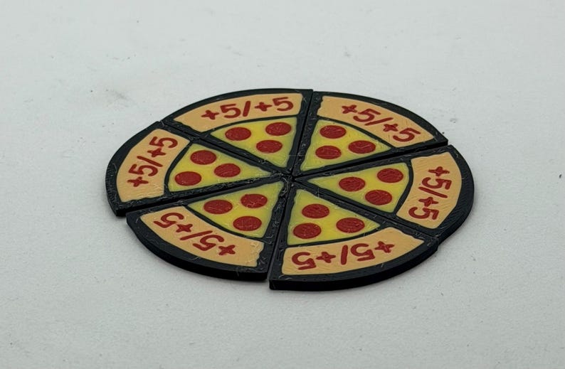May include: Six individual pizza slice tokens arranged to form a circular shape. Each slice features a yellow crust area with the red text +5/+5 and a yellow triangular section with three red pepperoni circles. The edges of each slice are black.