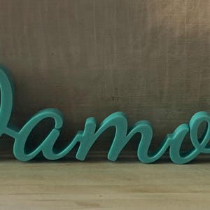 May include: A teal-colored, three-dimensional script sign displaying the name Damon in a continuous, flowing cursive font. The letters are connected and feature a smooth, matte finish, standing upright as a decorative piece of lettering.