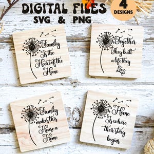 Family Coaster and Mug SVG PNG Digital Files, Blowing Dandelion Puffball, Wedding Gift, House Warming, Mothers day