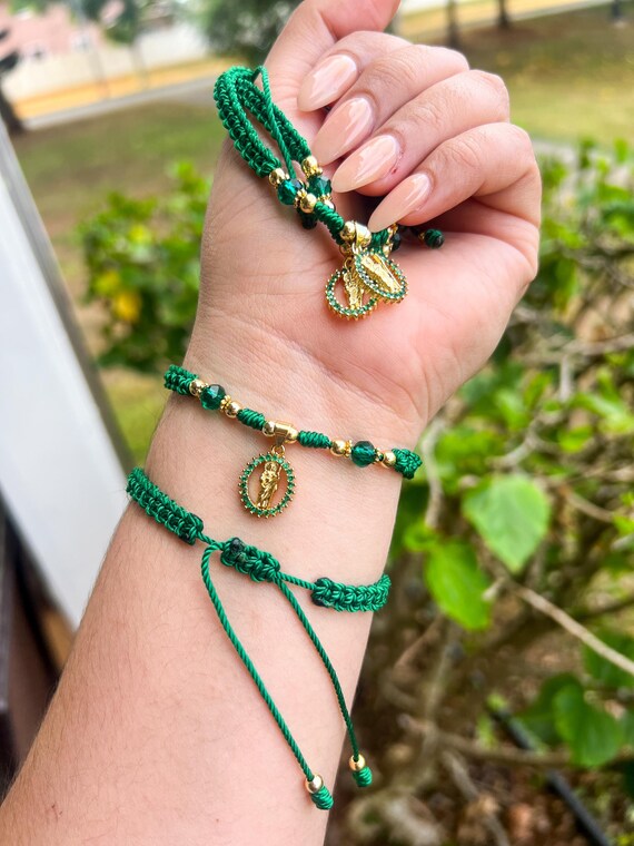 Saint Jude Adjustable Bracelet – PULSERA DE SAN JUDAS TADEO, Green Seed Beads, Brass