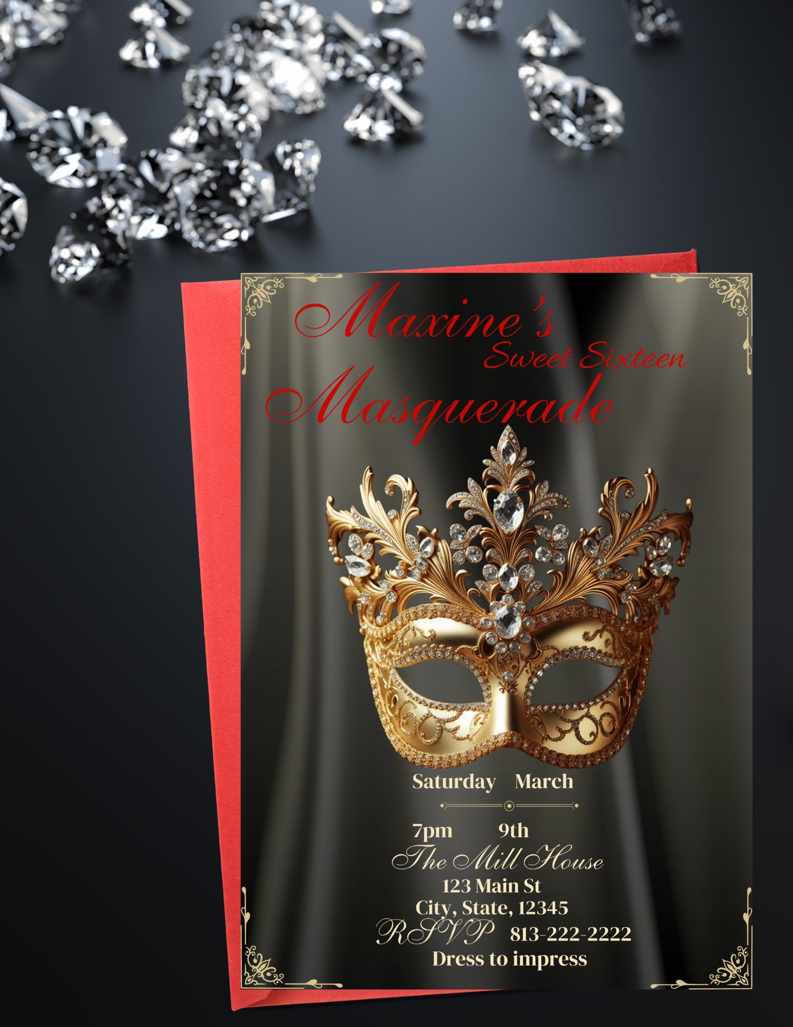 Masquerade Party Invitation Template, Gold Mask Invitation Printable, Masked Party Instant ...