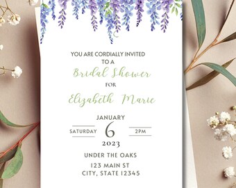 Bridal Shower Invitation Template, Editable, Printable Bridal Shower Invitation Card, purple Bridal, wisteria, bridal shower, download, edit