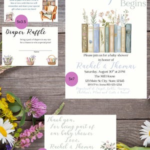 A New Chapter Begins Baby Shower Invitation Bundle, Storybook Baby Shower Invitation Set, Wildflower Baby Invitation, Editable, Book Theme
