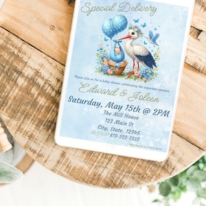 Blue Floral Stork Baby Shower Invitation Template (PDF Download)