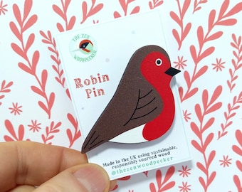 Robin Pin Badge, Bird Brooch, Wooden Bird Badge, Bird Accessories, Garden Birds, British Birds