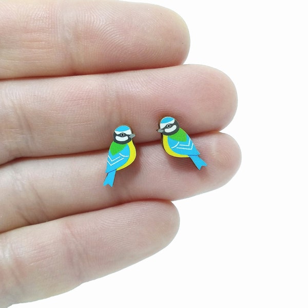 Blue Tit Earrings, Bird Studs, Garden Birds, Silver Plated or Sterling Silver Backs, British Birds, Nature Jewellery