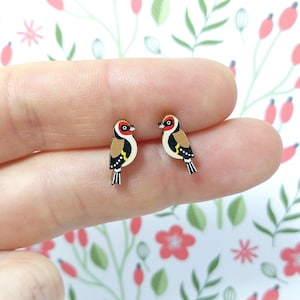 Goldfinch Earrings, Bird Studs, Garden Birds, Silver Plated or Sterling Silver Backs, British Birds, Nature Jewellery