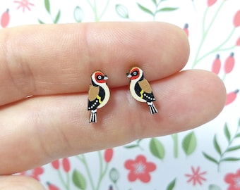 Goldfinch Earrings, Bird Studs, Garden Birds, Silver Plated or Sterling Silver Backs, British Birds, Nature Jewellery