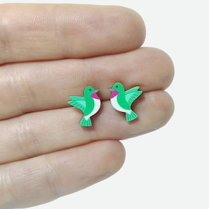 Hummingbird Stud Earrings: Wooden Studs, Tropical Birds, Bird Jewellery, Silver Plated or Sterling Silver Backs