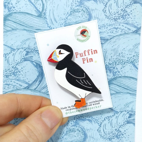 Puffin Pin Badge, Atlantic Puffin, Seabird Badge, Wooden Bird Brooch, Coastal Birds, Birdwatching